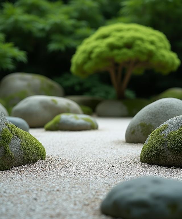 A tranquil Japanese rock garden with moss and carefully placed stones.