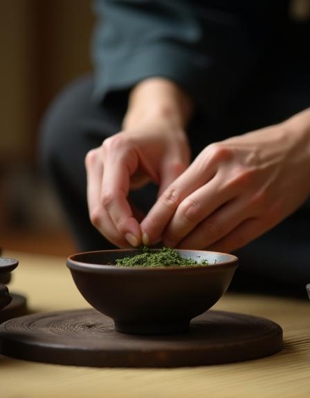 Hands of a master performing a traditional Japanese tea ceremony.